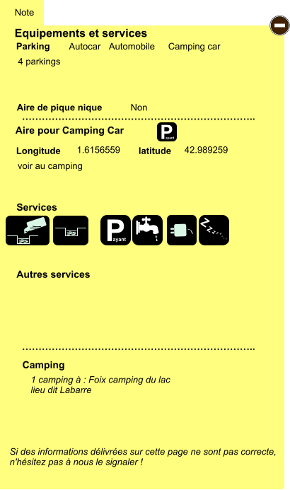 Equipements et services  4 parkings       Aire de pique nique  Note Autocar Automobile Camping car Parking Aire pour Camping Car Camping Longitude latitude Si des informations délivrées sur cette page ne sont pas correcte,  n'hésitez pas à nous le signaler !  1 camping à : Foix camping du lac  lieu dit Labarre    …………………………………………………………….. …………………………………………………………….. Non  1.6156559 42.989259 Autres services  Services P ayant - P ayant Z Z Z Z Z Z Z Z voir au camping